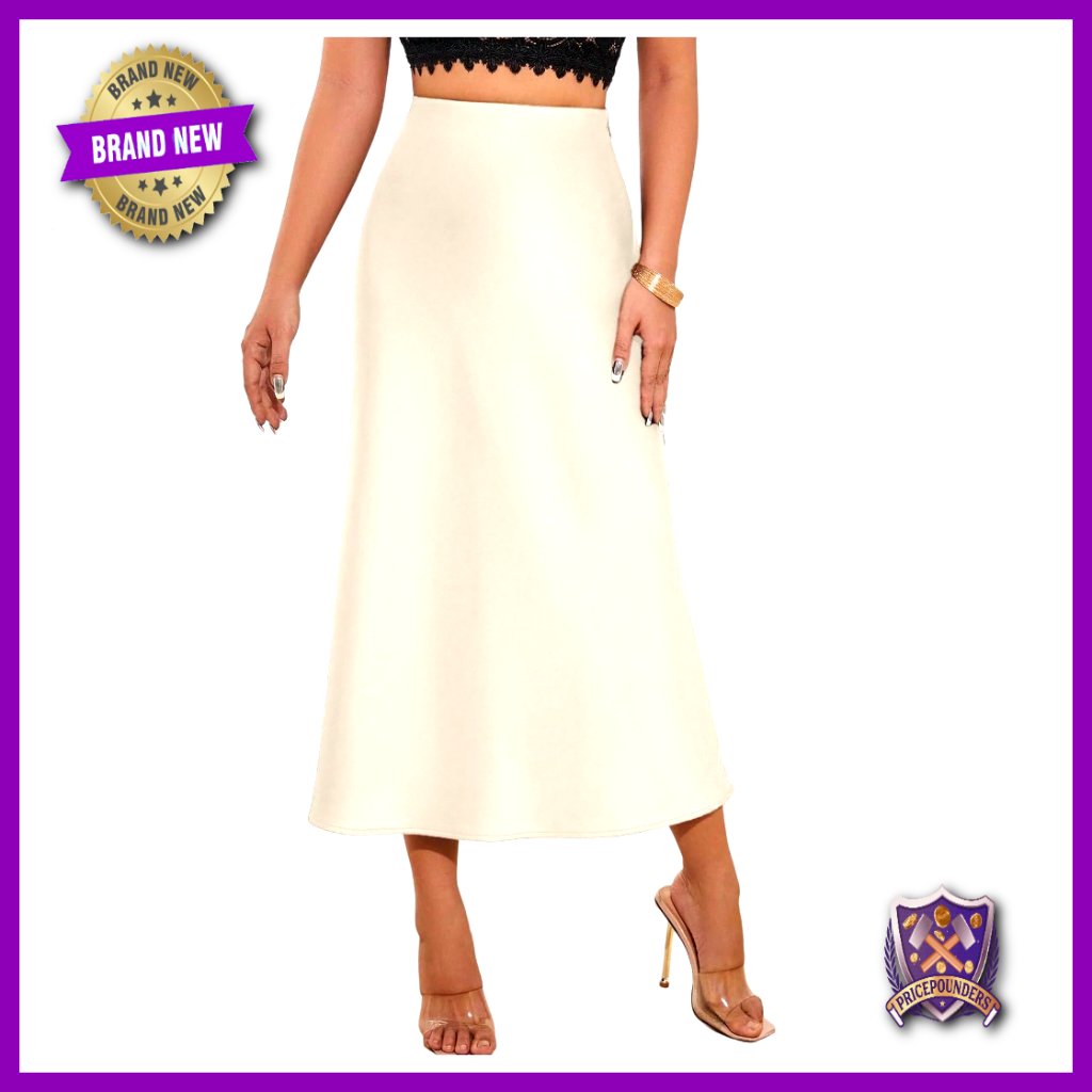 Satin Midi Skirt High Waisted A-Line Bodycon Summer Work Wear